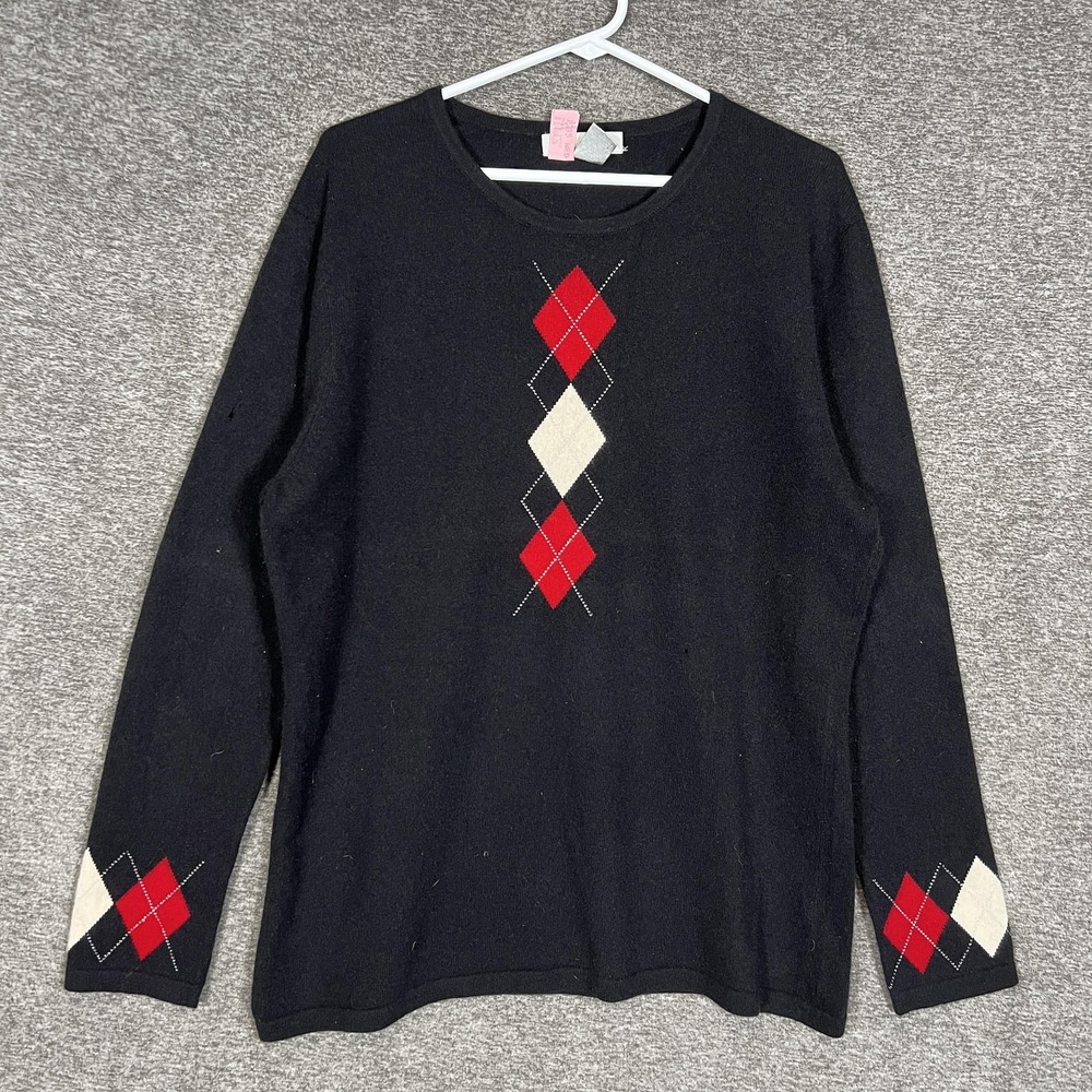 Mc Duff Sweater Womens Medium Black Argyle 100% Cashmere Pullover Long Sleeve